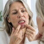 A woman examines her gum line in a mirror, considering options for a full-arch restoration