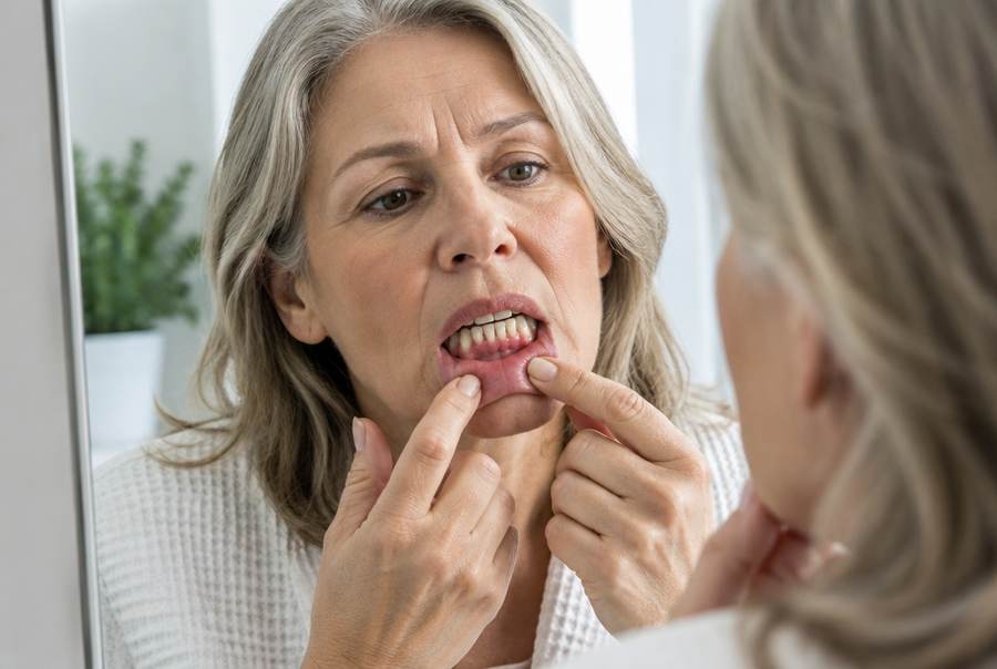 A woman examines her gum line in a mirror, considering options for a full-arch restoration